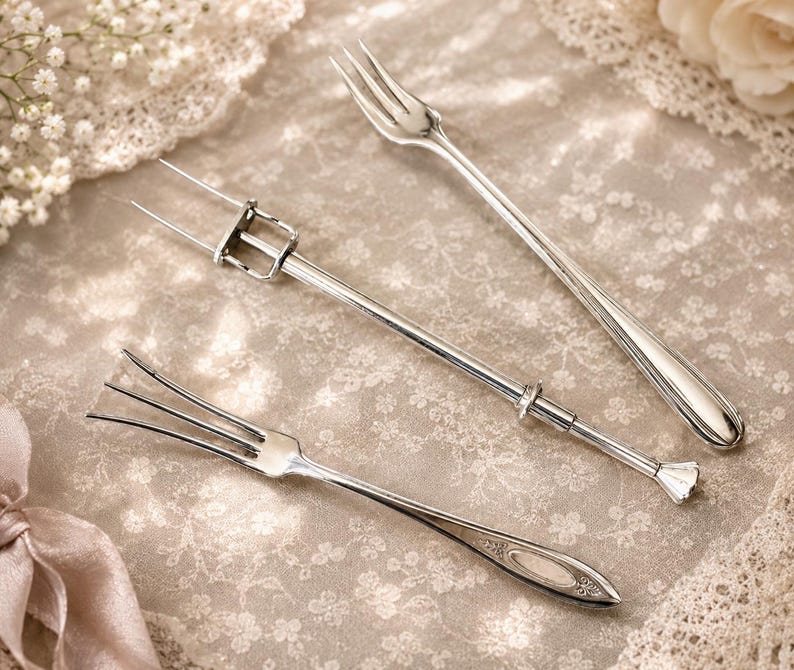 Vintage English Silverplate Cocktail Serving Forks – Mechanical Ejector Fork by Lion Works & More image 1