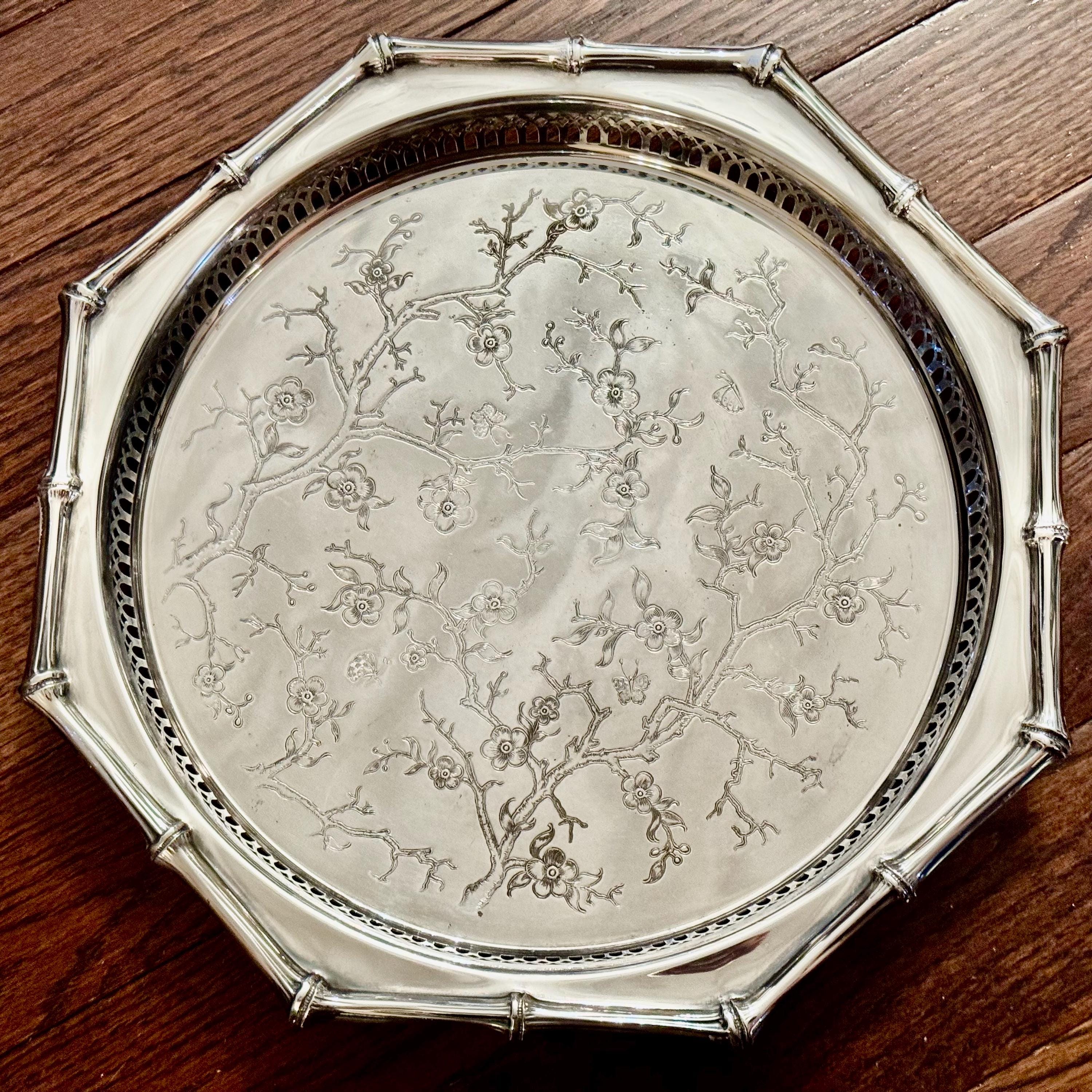 Vintage Marlboro Plate Morton-Parker Silverplate Tray — Floral Chinoiserie Bamboo Rim — Made in Canada