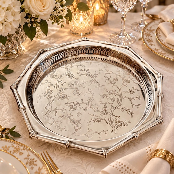 Vintage Marlboro Plate Morton-Parker Silverplate Tray — Floral Chinoiserie Bamboo Rim — Made in Canada