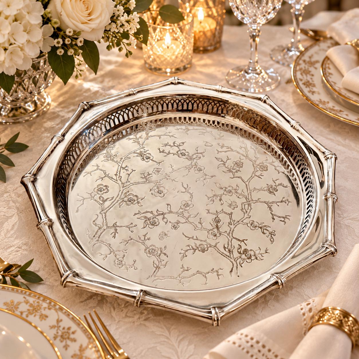 Vintage Marlboro Plate Morton-Parker Silverplate Tray — Floral Chinoiserie Bamboo Rim — Made in Canada