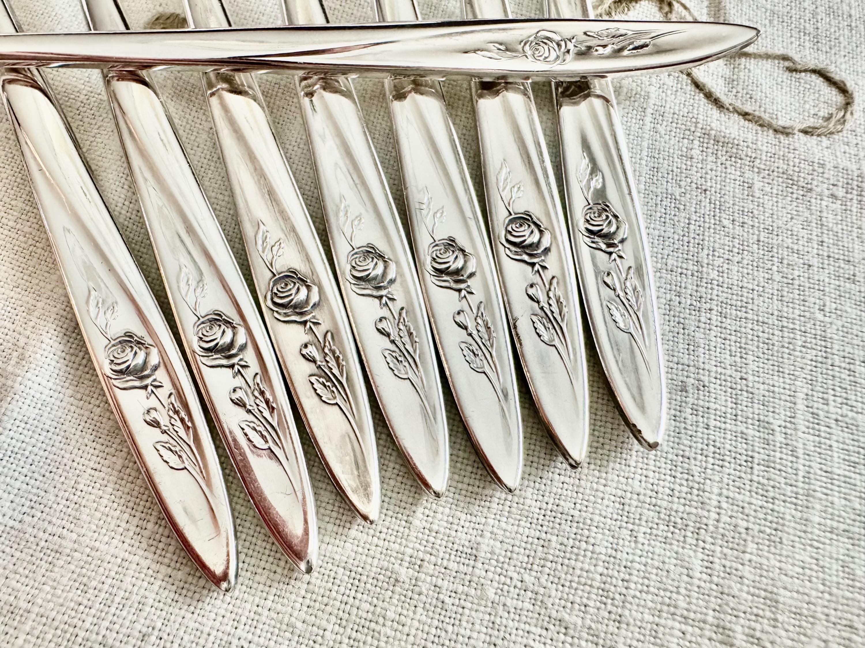Rare Vintage Morning Rose Cocktail / Seafood Forks – Set of 8 – Oneida Silverplate (1960)