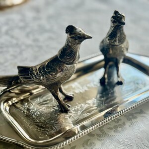 May include: A silver-toned metal serving tray with two bird-shaped salt and pepper shakers. The tray has a decorative floral pattern and a beaded edge. The birds are detailed with feathers and stand on the tray.