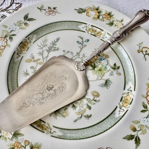 K&ouml;nnte beinhalten: Ein silberner Tortenheber liegt auf einem Teller mit floralem Dekor. Der Heber hat einen verzierten Griff und eine breite, flache Klinge mit eingravierten Details. Der Teller hat einen wei&szlig;en Hintergrund mit einem gr&uuml;nen Rand und bunten Blumenmustern.