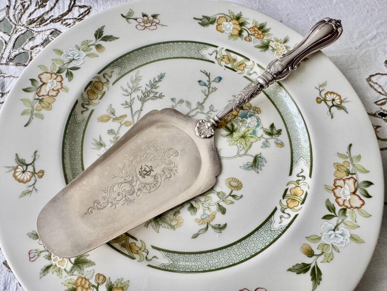 K&ouml;nnte beinhalten: Ein silberner Tortenheber liegt auf einem Teller mit floralem Dekor. Der Heber hat einen verzierten Griff und eine breite, flache Klinge mit eingravierten Details. Der Teller hat einen wei&szlig;en Hintergrund mit einem gr&uuml;nen Rand und bunten Blumenmustern.
