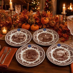 Op de afbeelding: Een set van vier ronde keramische dinerborden met bruine transferware-illustraties van een hert, een kalkoen, een fazant en een bossc&egrave;ne, elk met een decoratieve rand, gerangschikt op een houten tafel met herfstachtige decoratie.