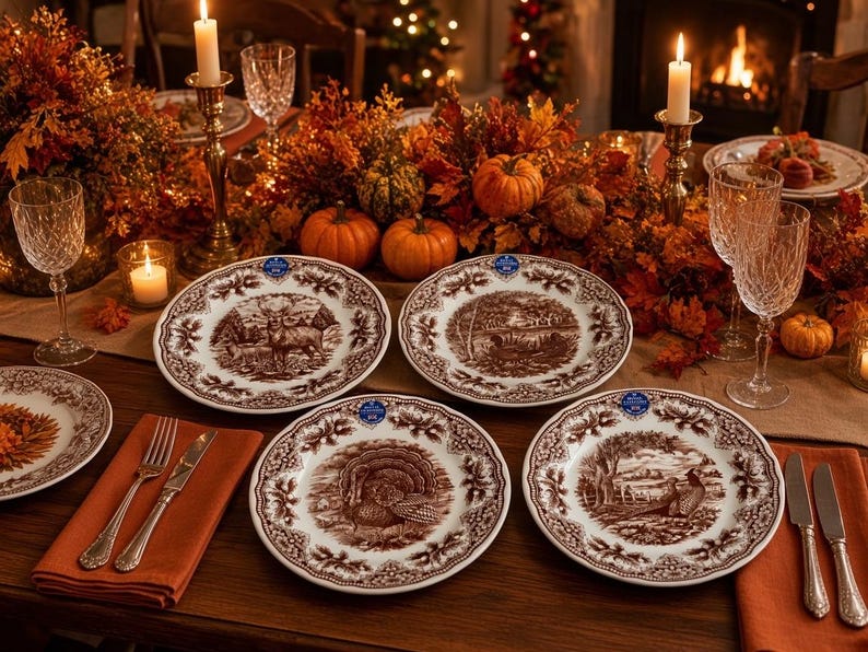 Op de afbeelding: Een set van vier ronde keramische dinerborden met bruine transferware-illustraties van een hert, een kalkoen, een fazant en een bossc&egrave;ne, elk met een decoratieve rand, gerangschikt op een houten tafel met herfstachtige decoratie.