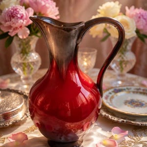 May include: A red glass pitcher with a dark handle and rim. The pitcher sits on a white tablecloth with pink rose petals scattered around it. Vases of pink and yellow flowers are in the background.