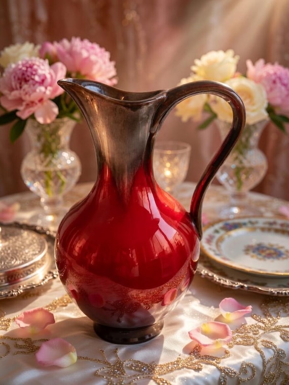 Vintage Canadiana Pottery Pitcher – Red Ombre Glaze