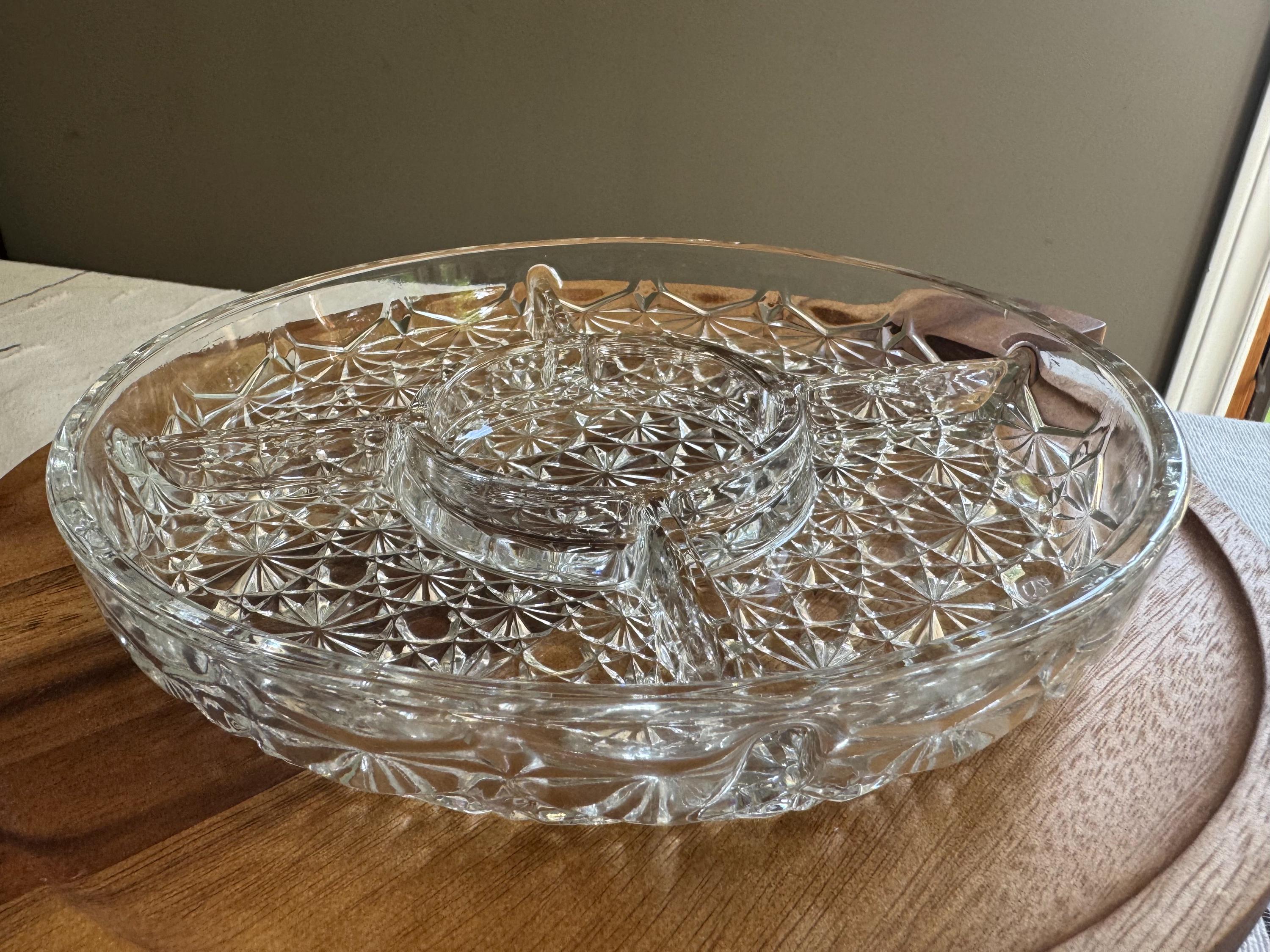 Vintage Crescendo France Crystal Sectional Relish Dish – 10″ Divided Serving Tray with Center Dip