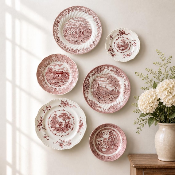 Curated Red Transferware Wall Plate Collection –  Vintage Scenic Gallery Set