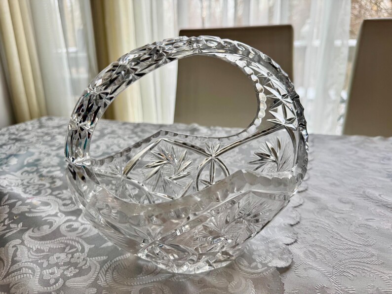 Vintage Heavy Cut Crystal Basket with Handle – Pinwheel & Starburst Pattern, Candy Dish, Wedding Centerpiece, Choose Your Favorite image 14