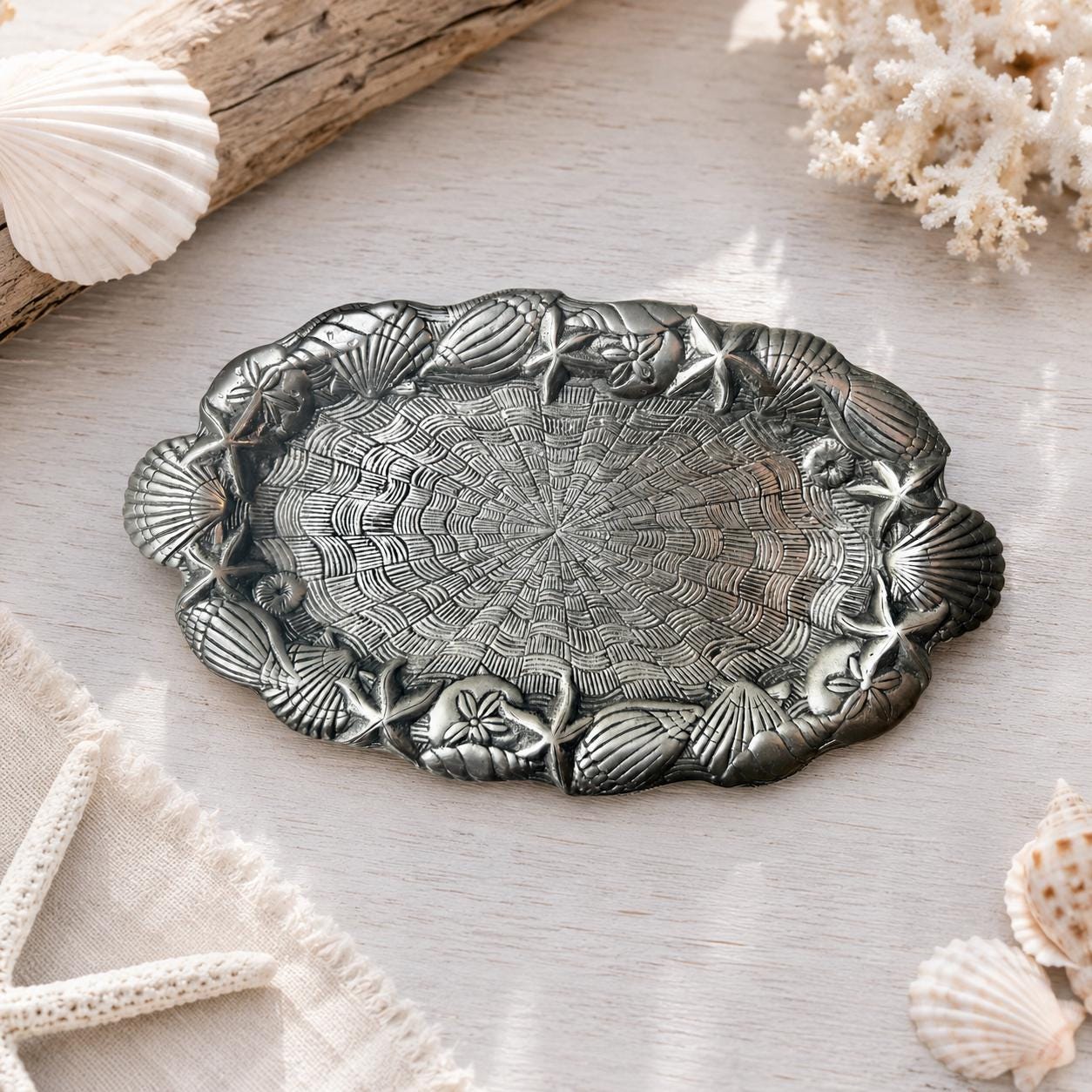 Mariposa Starfish & Scallop Shell Oval Platter | Coastal Aluminum Serving Tray | 18″