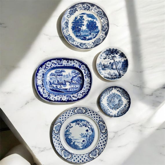 Rare Unique Antique Blue & White Transferware Wall Plate Collection – 5-Piece Assortment