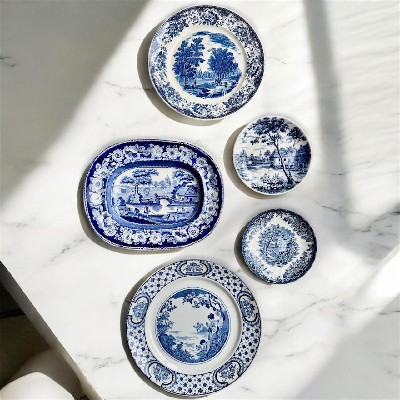 Rare Unique Antique Blue & White Transferware Wall Plate Collection – 5-Piece Assortment
