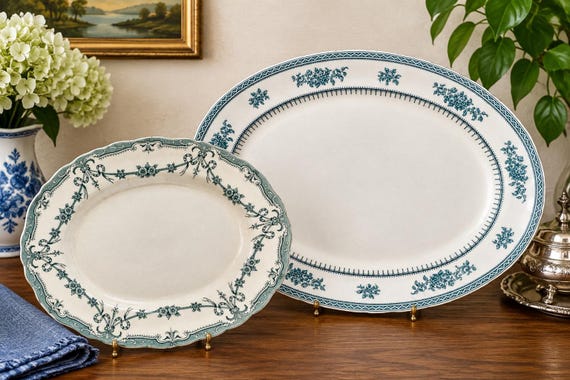 Antique English Platters — Ridgway Alexis or Losol Ware Shrewsbury — Rare Teal Transferware — England