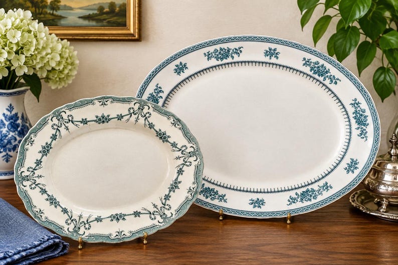 May include: Two oval ceramic serving platters in cream with teal blue floral and ribbon border patterns. The smaller platter features a scalloped edge, while the larger platter has a smooth rim with a geometric and floral design.