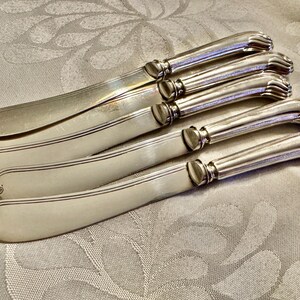 K&ouml;nnte beinhalten: Ein Set aus f&uuml;nf silbernen Buttermessern. Jedes Messer hat eine abgerundete Klinge mit dekorativem Rand und einen detaillierten Griff. Die Messer liegen auf einer gemusterten, hellen Oberfl&auml;che.