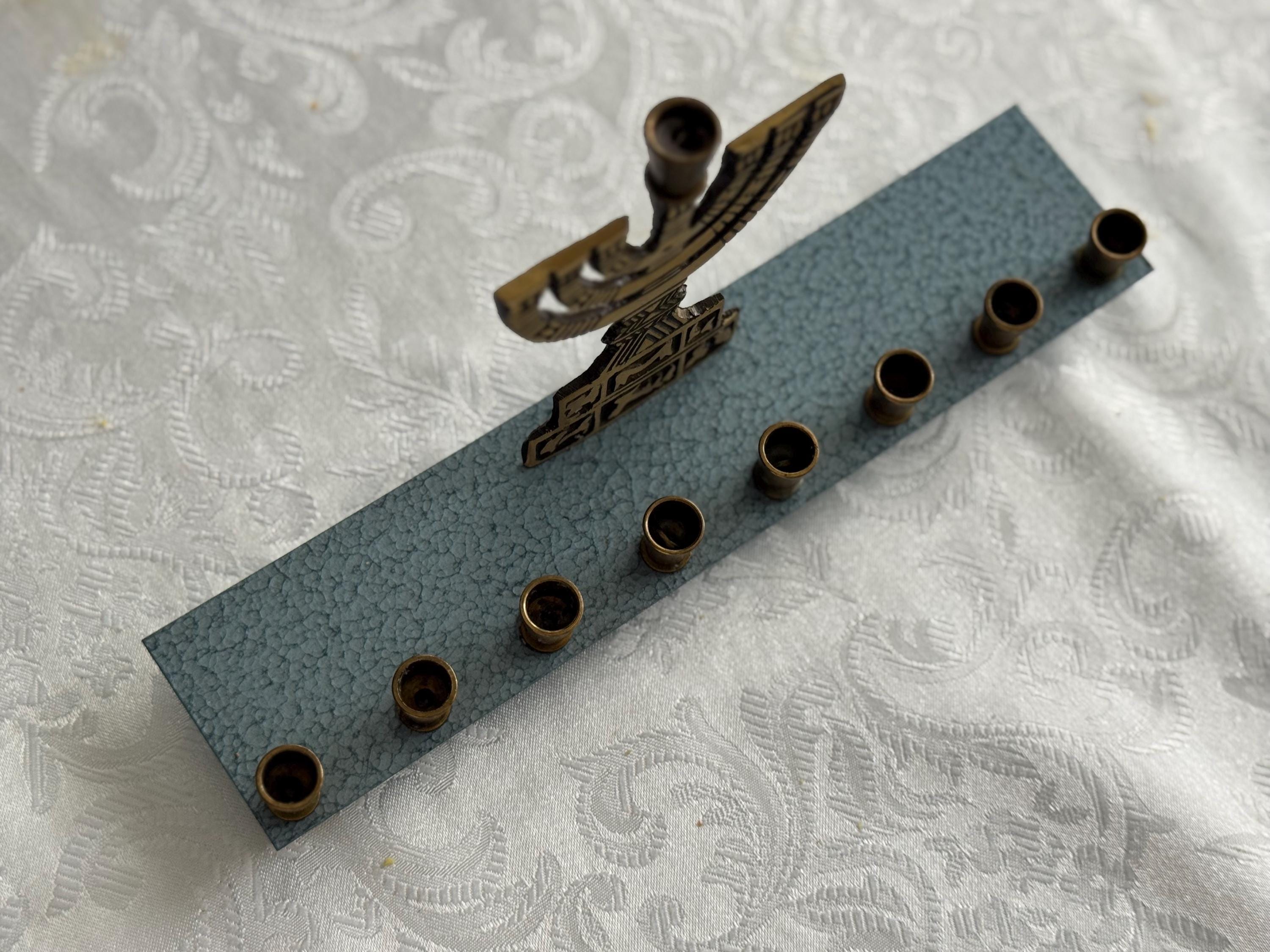 Vintage Oppenheim Israel Brass Menorah – Mid-Century Hanukkah Candle Holder – Blue Enamel Base – Judaica Collectible
