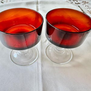 Vintage Luminarc Ruby Red Liqueur Glasses: 1970s French Barware Wide 3 7/8” - 2pc