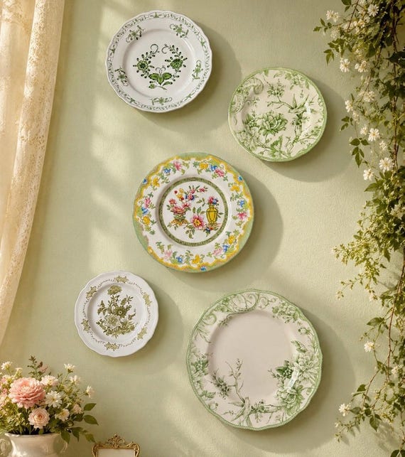Curated Green Vintage Plate Collection – Botanical & Floral Plates – Mix Match Wall Decor