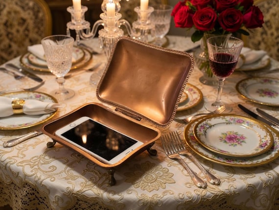 Vintage Italian Brass Phone Valet Dish • Mid-Century Dinner Table Box