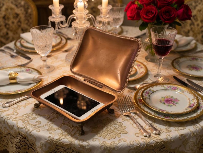 May include: A copper-colored, hinged box with a smartphone inside, set on a table with fine china, silverware, and a bouquet of red roses. The box is open, revealing the phone's screen. The table is covered with a white tablecloth.