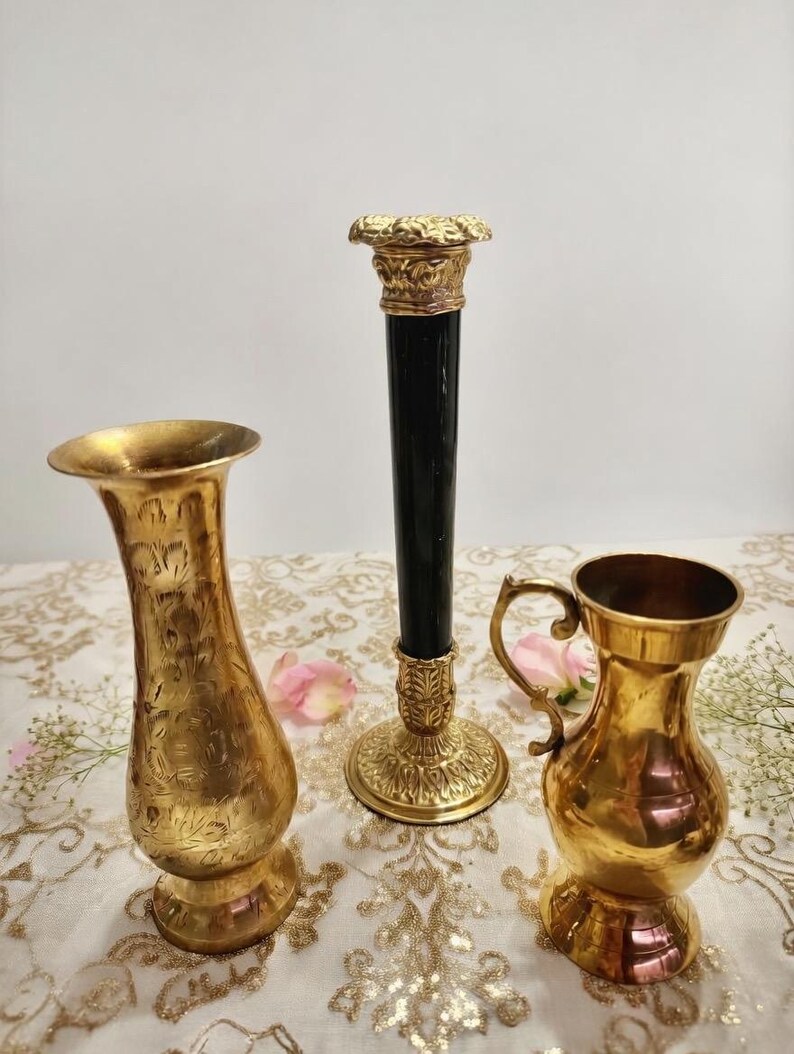 Vintage Brass Decor Collection — Marble Candlestick, Vase & Pitcher image 2