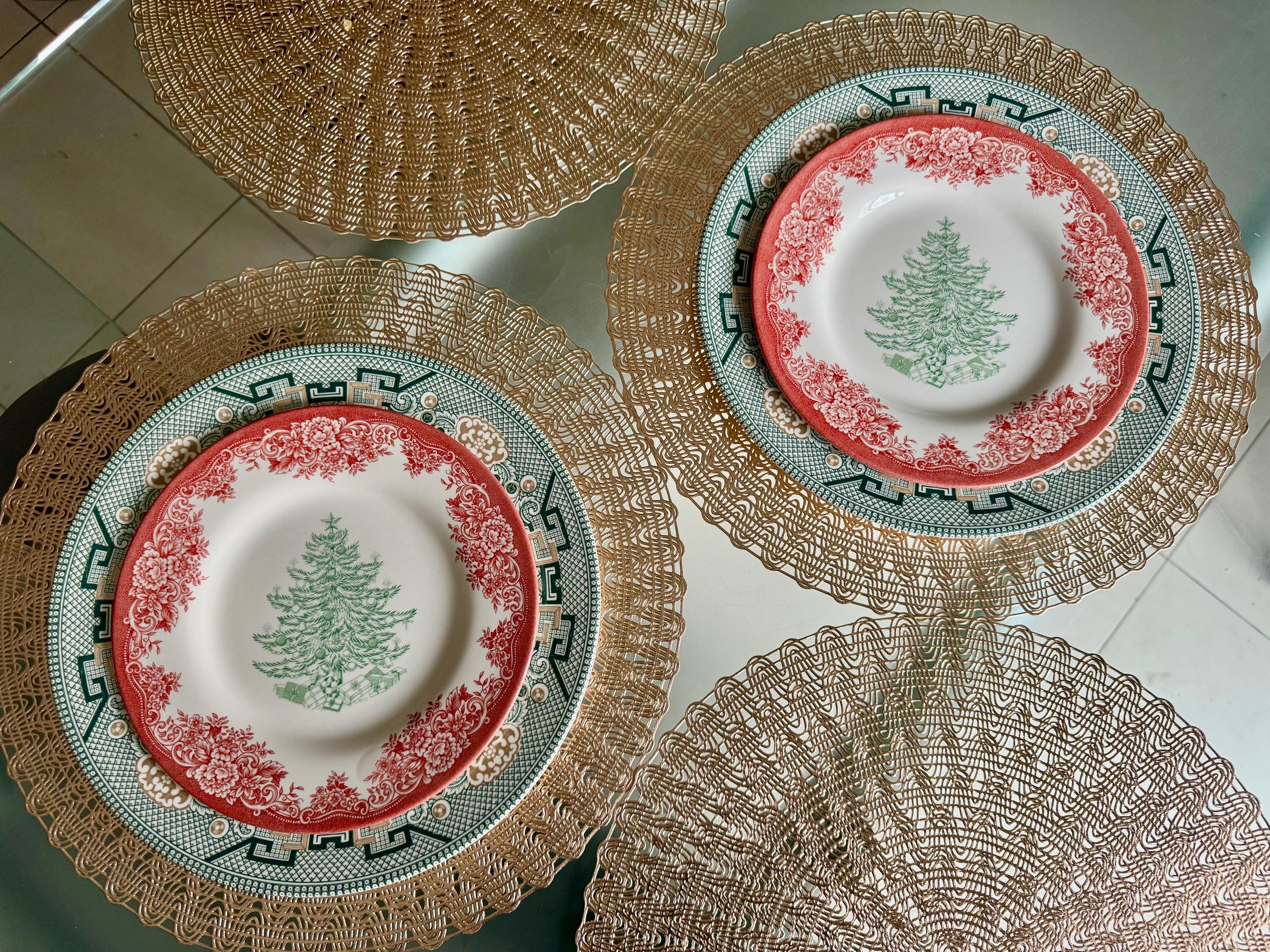 New Vintage Style Transferware - Christmas Dinner for Two - Green Willow & Christmas Tree - Royal Stafford England