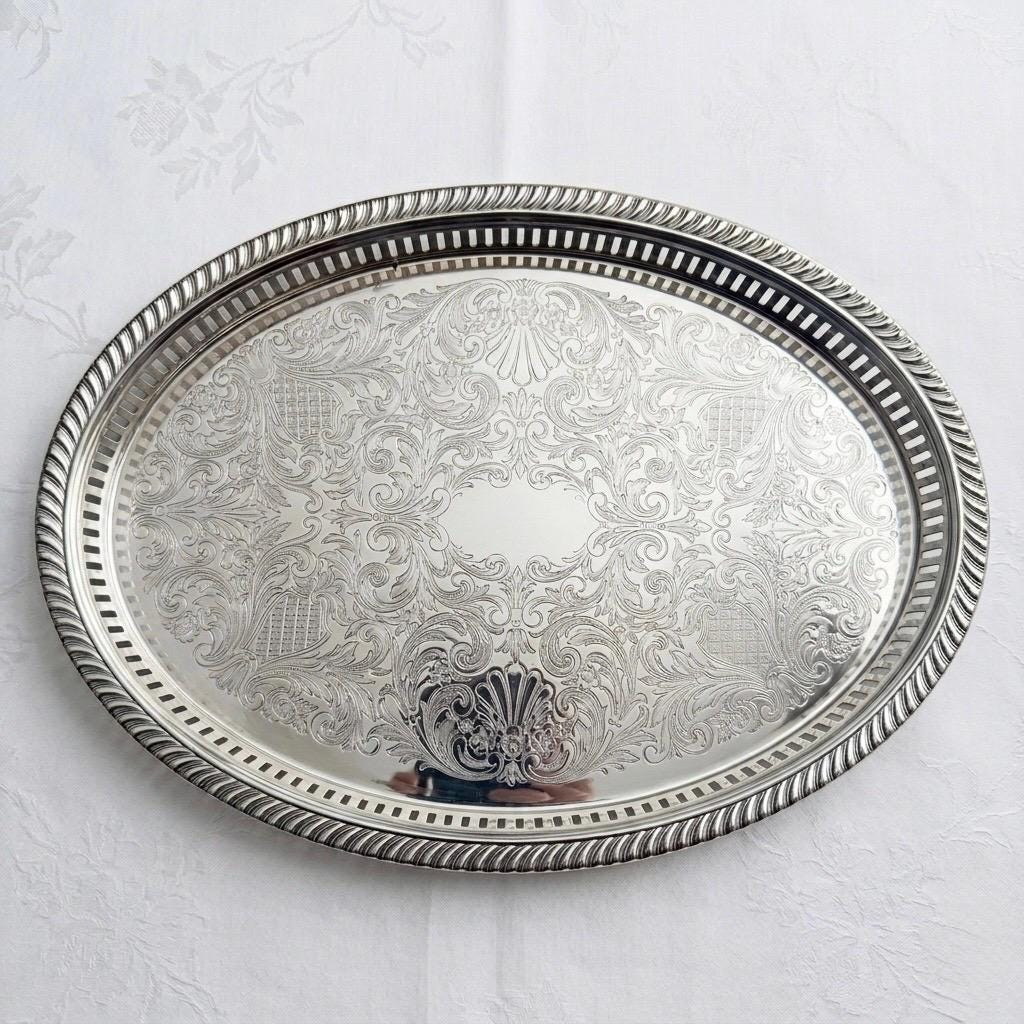 Vintage Silverplate Gallery Trays – Ornate Round Serving Trays with Pierced Sides