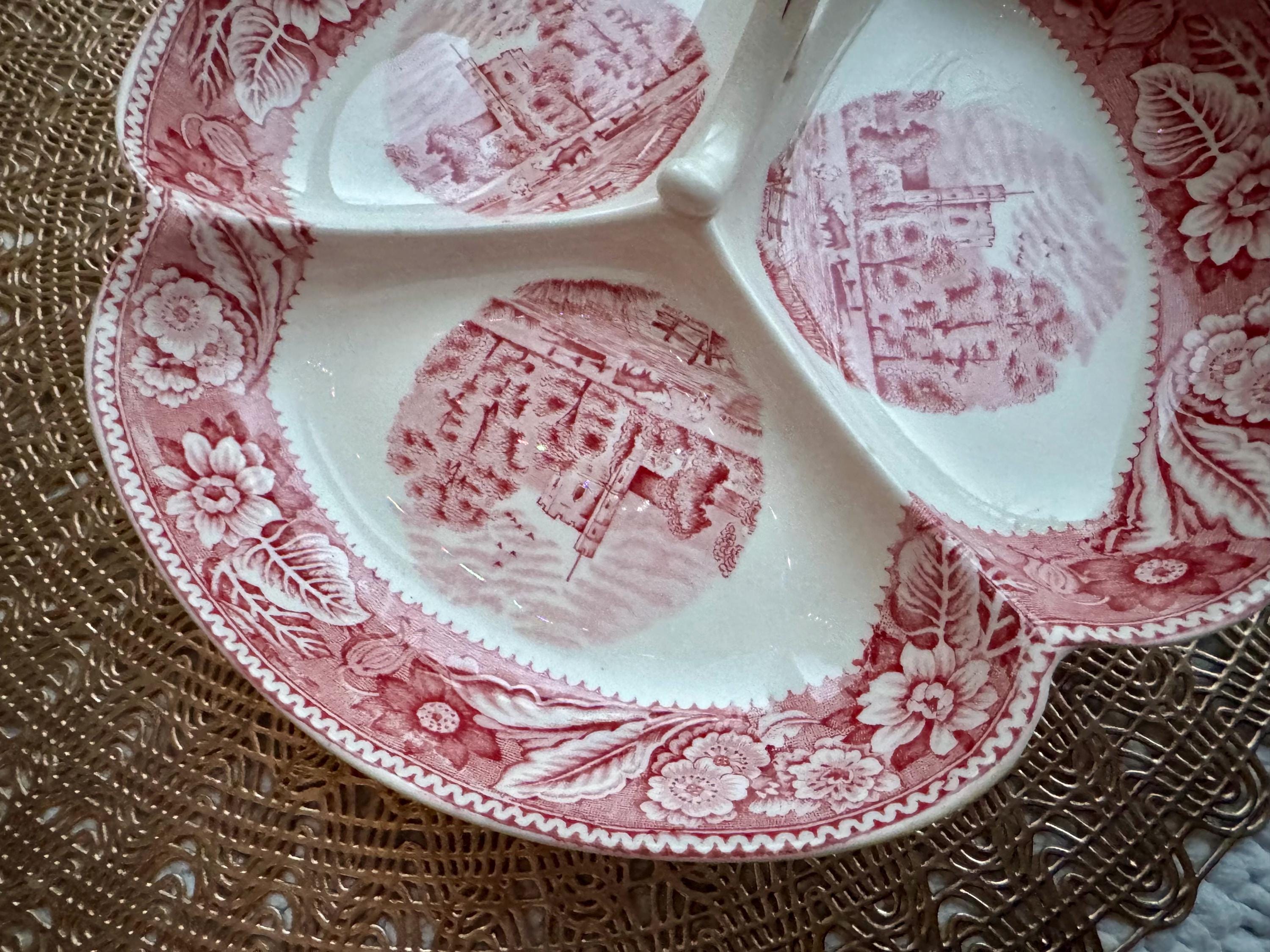 Vintage Woods & Sons “Woodland” Red Transferware Divided Serving Dish – England