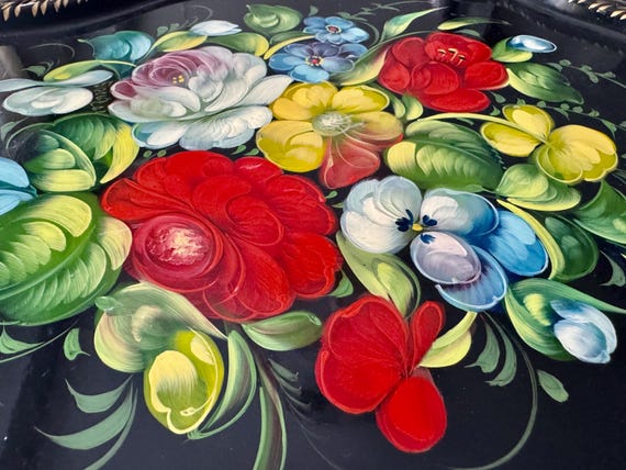 Vintage Soviet Hand-Painted Floral Tray – Zhostovo Style – Black Lacquer Metal – USSR Folk Art