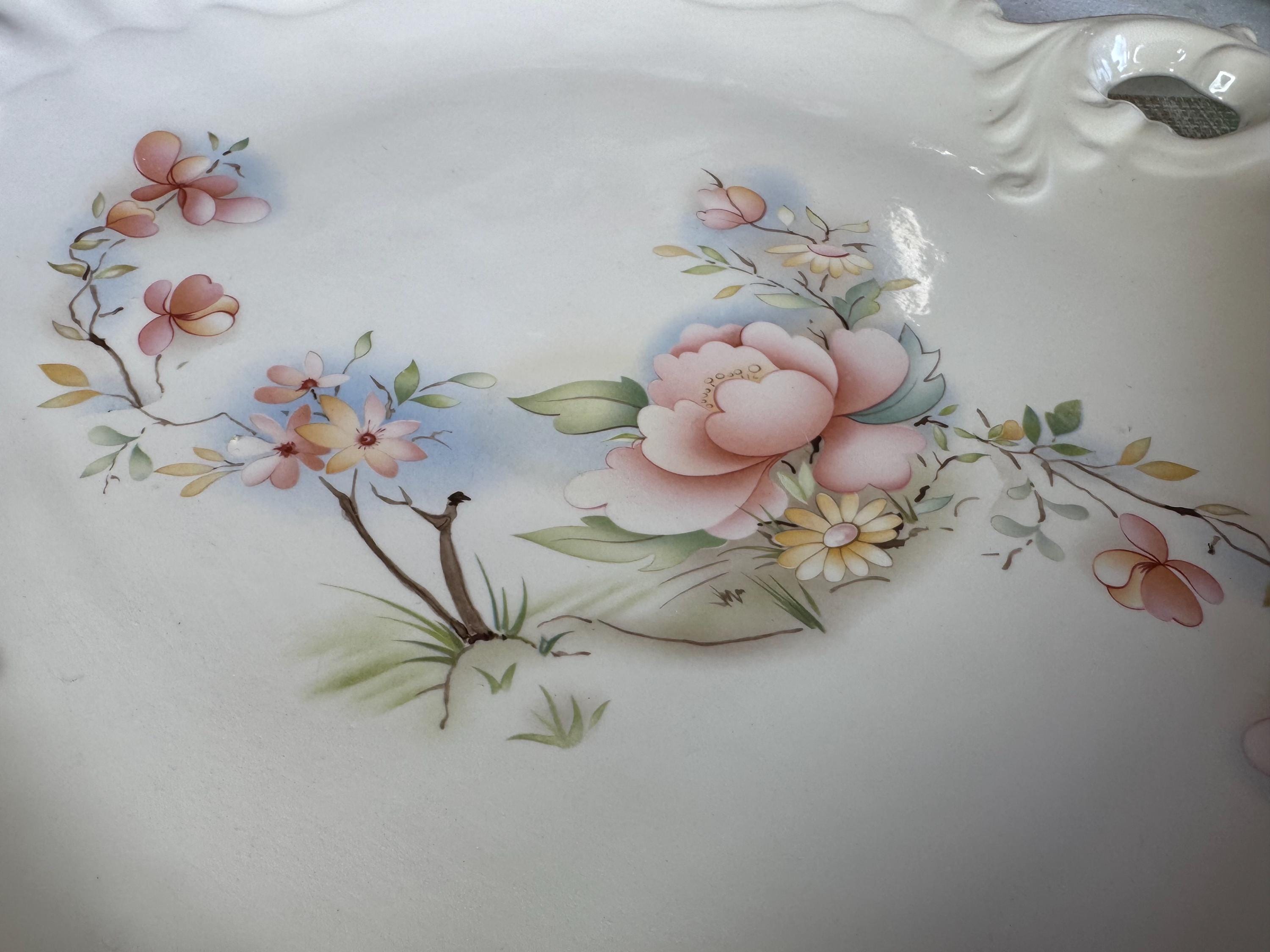 Vintage Japanese Export Floral Handled Tray – Large 16” Pastel Blossom Serving Dish