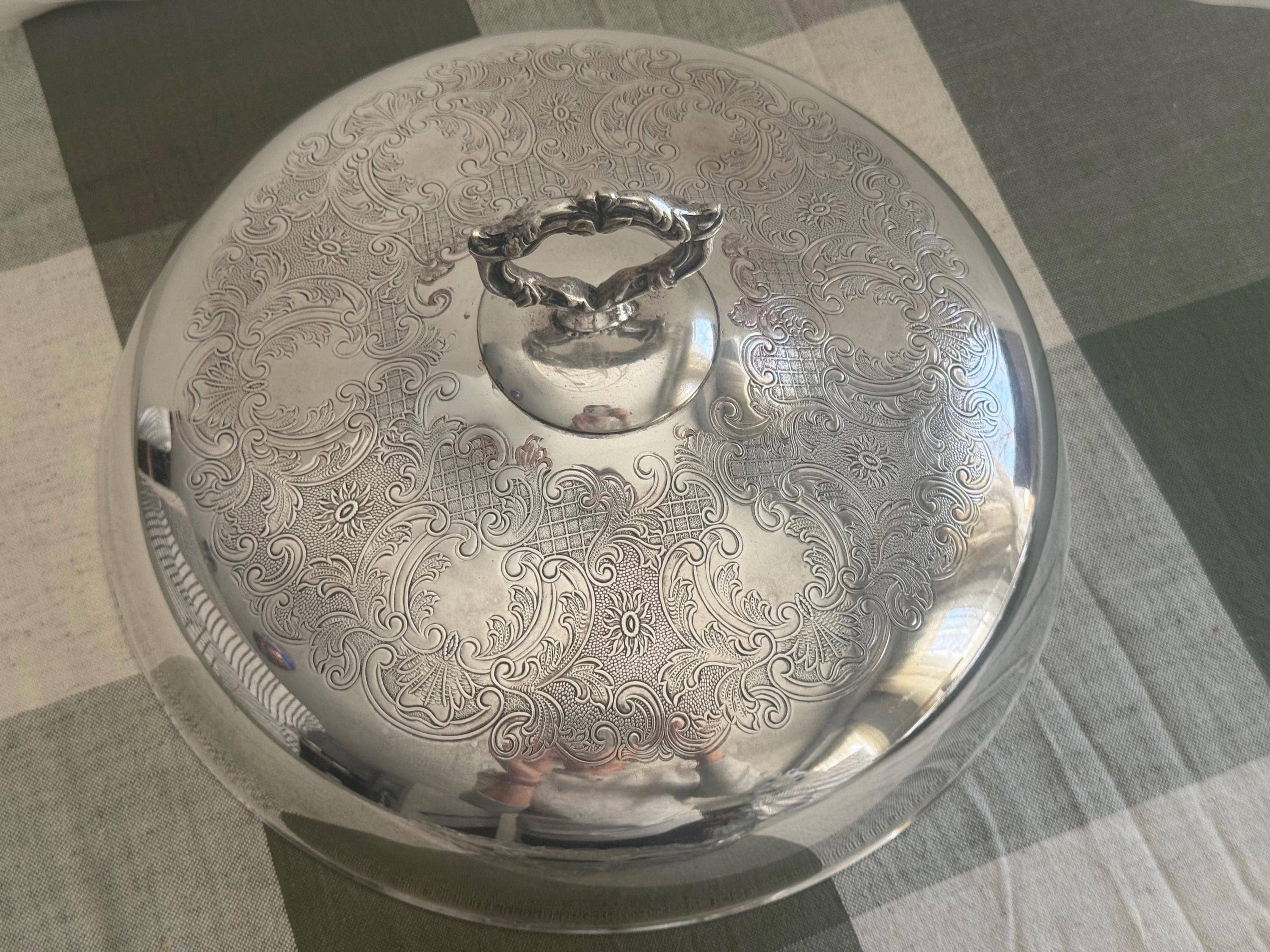 Fancy & Ornate Large Vintage Silver Plate Covered Dish with Glass Insert, Sheffield Reproduction