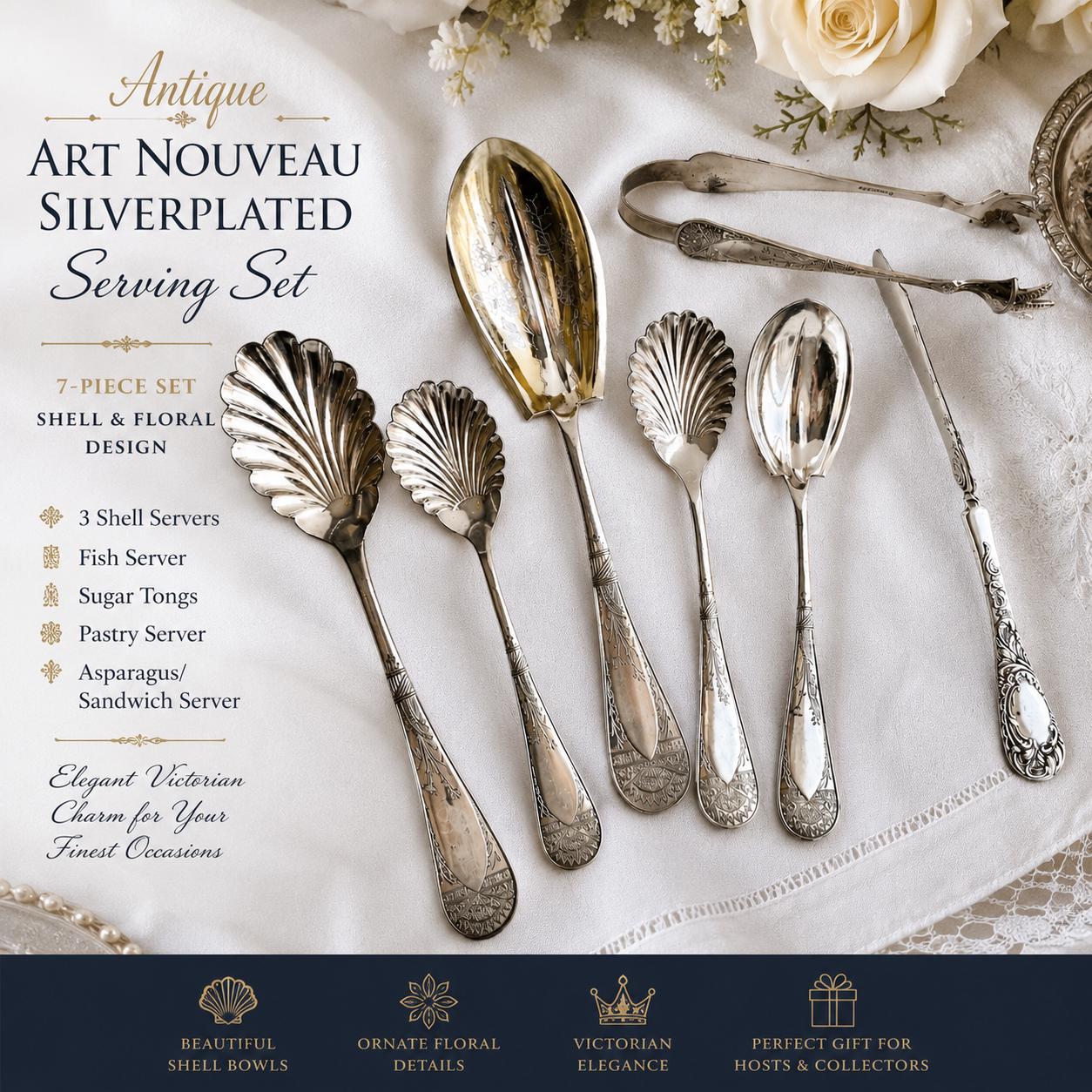 Antique Art Nouveau Silverplate Serving Set – Curated 7-Piece Collection | Shell Motif | Victorian Tableware