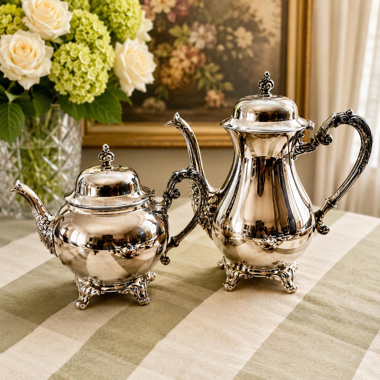 Vintage Wm. A. Rogers Canada Silverplate Tea & Coffee Service – 4 Piece Ornate Footed Set