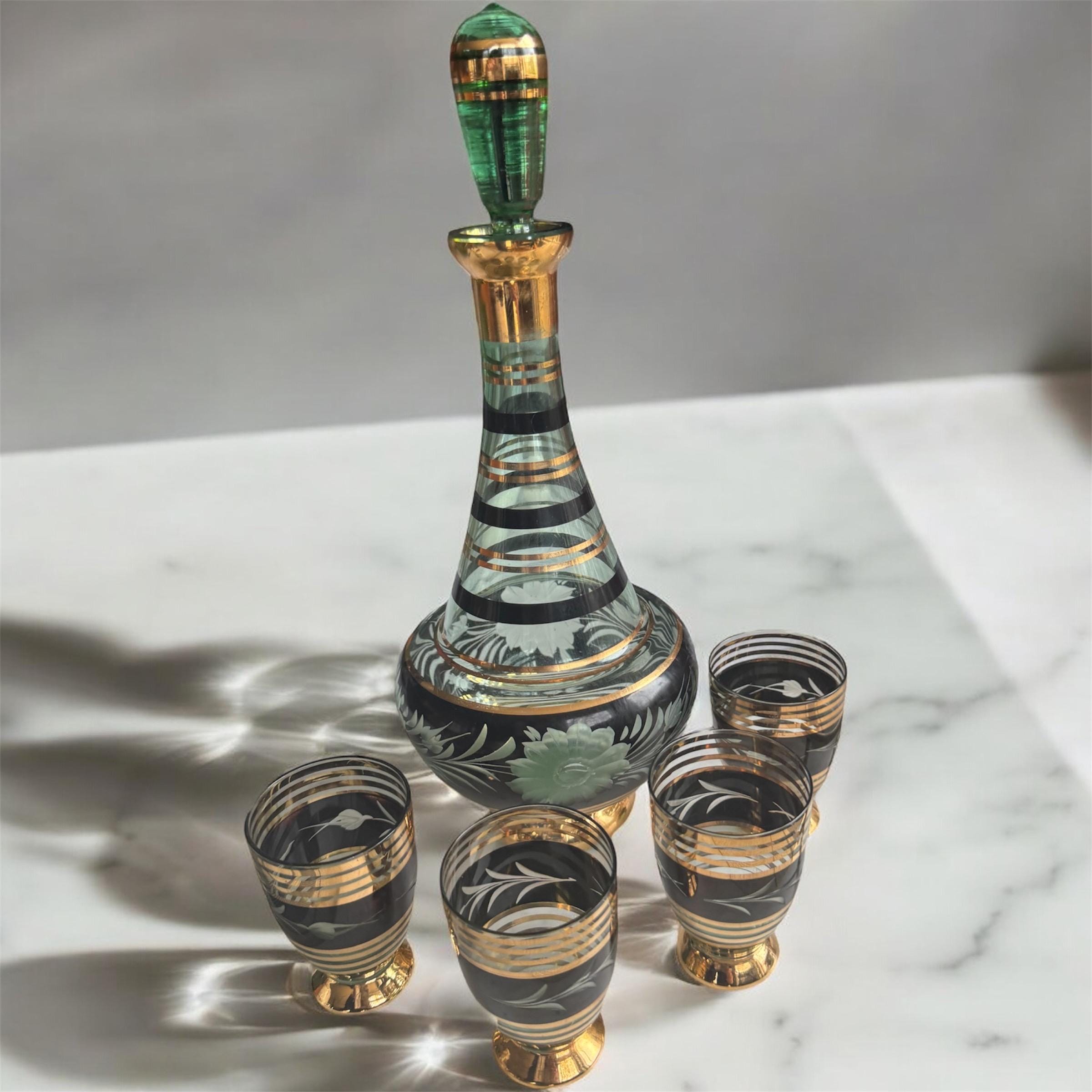 Vintage Bohemia Glass Decanter Set: Hand-Painted 22K Gold, Czechoslovakia