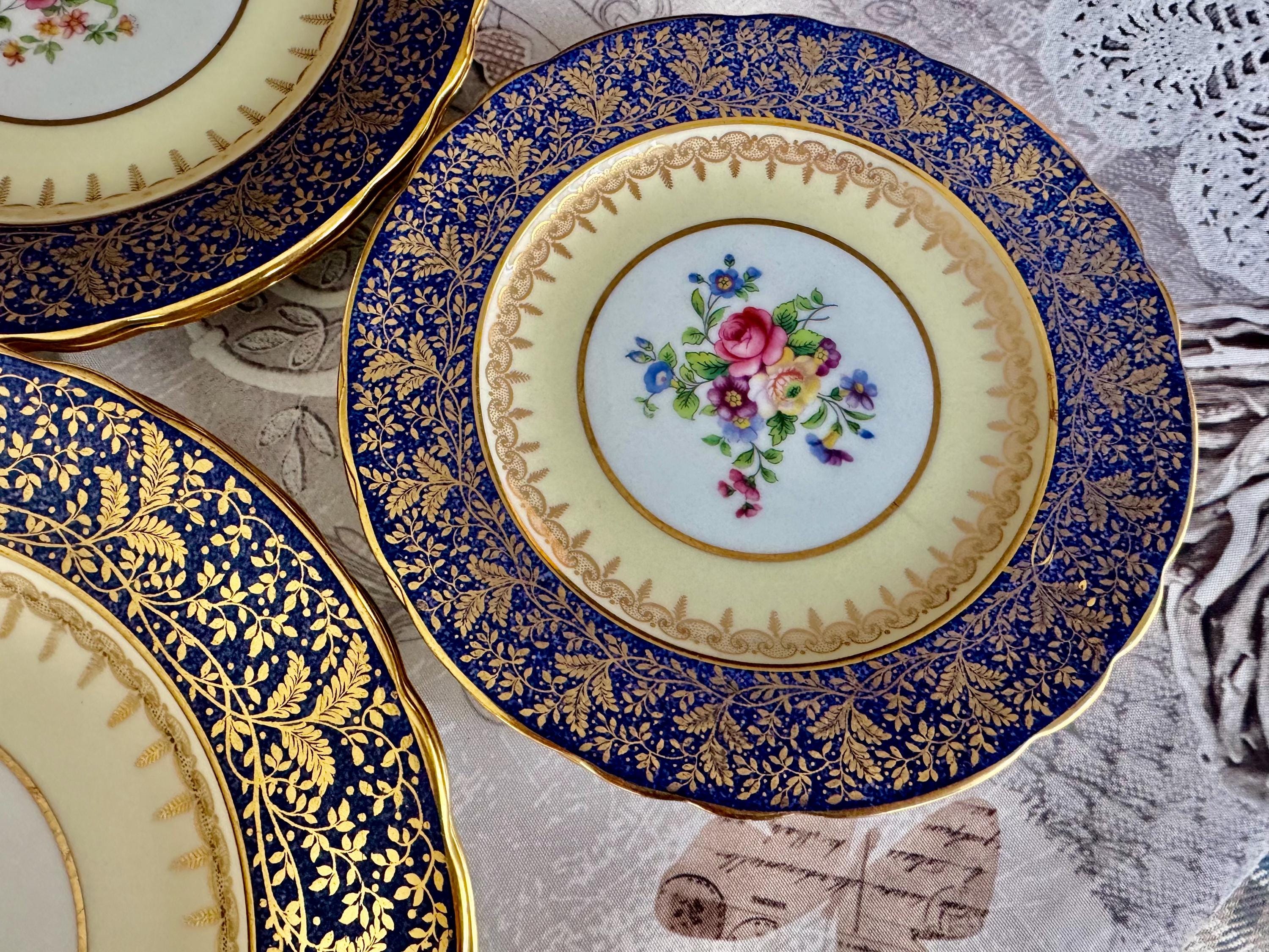 Vintage Aynsley Cobalt Blue Gold Encrusted Fine Bone China Dinner Set for Two