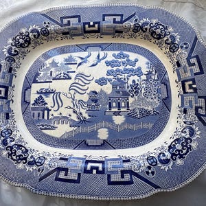 Monumental Antique 19th-Century English Blue Willow Platter – Large Serving Platter (22.5” x 18”)