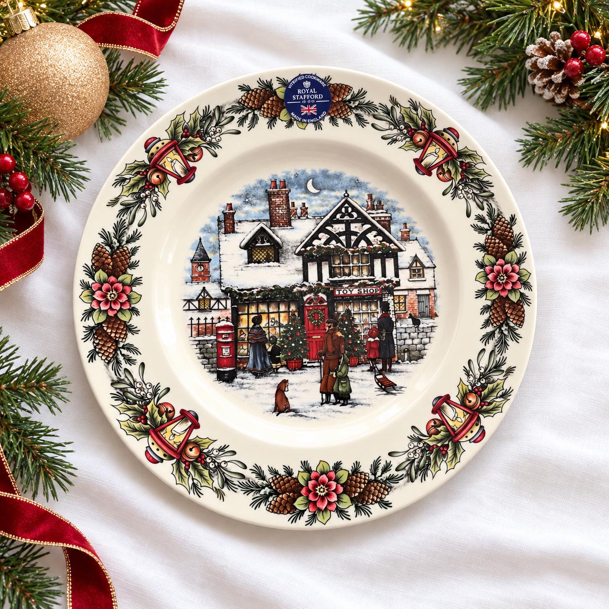 Royal Stafford Christmas Toy Shop Dinner & Salad Plates | English Snowy Village Holiday Tableware | Made in England