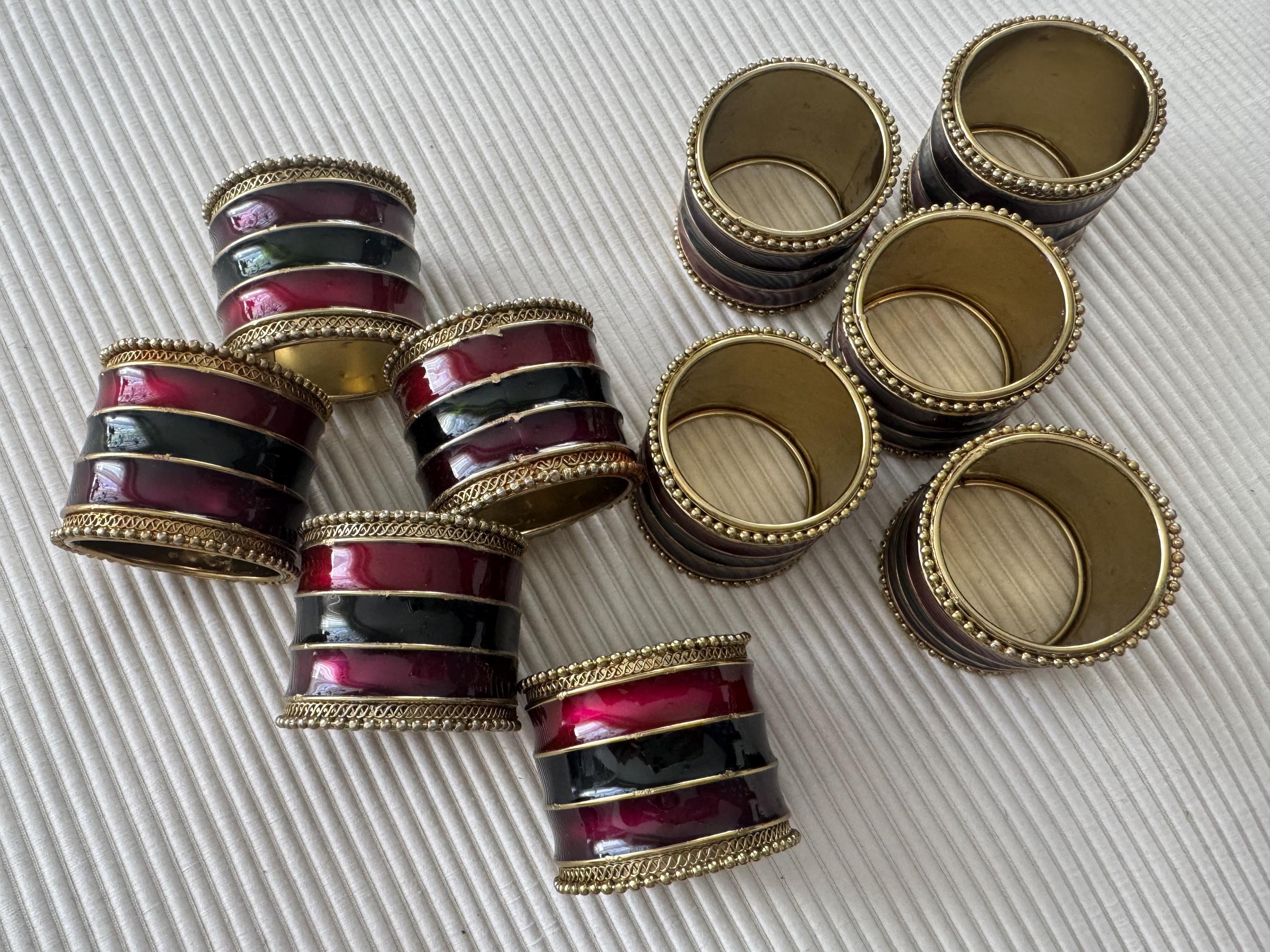 Vintage Pier 1 – Brass & Enamel Napkin Rings – Set of 10