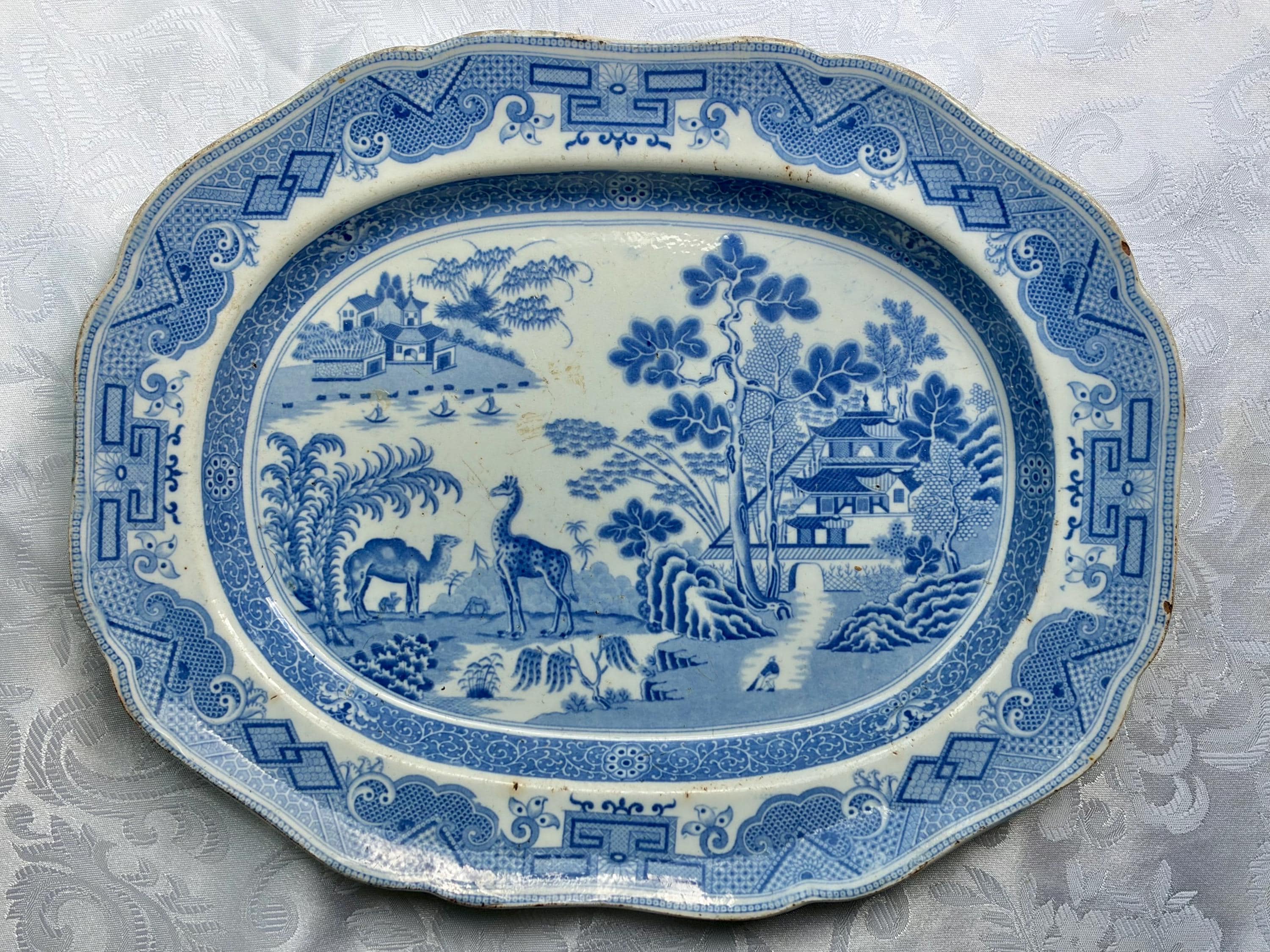 Rare Antique Blue & White Transferware Chinoiserie Platter | Oriental Landscape with Camel and Giraffe | c.1800–1840 | Sold Individually