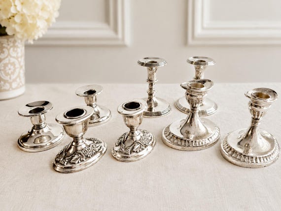 Vintage Mid-Century Oval or Round Base Silver-Plated Candlesticks