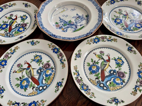 Vintage Winkle Co. Old Chelsea & Booths Pagoda Plates - Rare English Plates - Fancy Bird Motifs