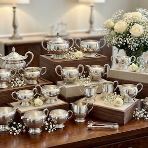 May include: A collection of polished silver-toned metal creamers, sugar bowls, and a pair of sugar tongs. The items feature rounded bodies, pedestal bases, and curved handles, arranged on wooden display blocks with small white floral accents.