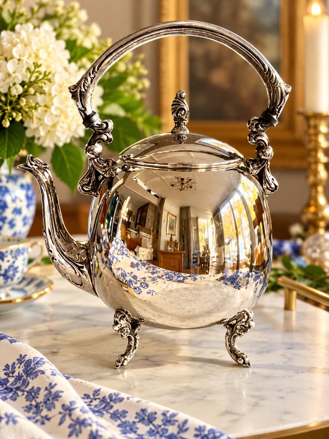 Vintage Sheridan Silver on Copper Teapot – Ornate Footed Silverplate Tea Pot