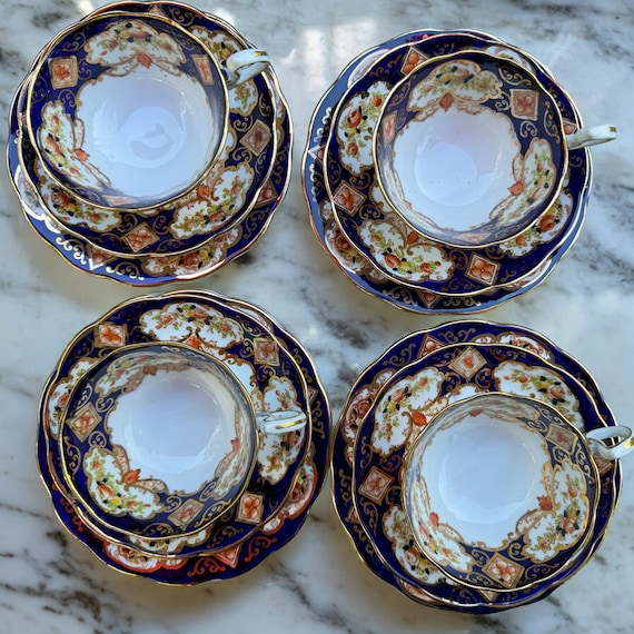 Vintage Royal Albert Crown China Cup Trio Set: Cobalt Blue & Gold