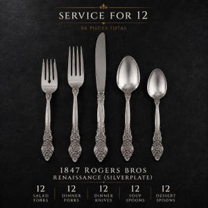 May include: A 66-piece silverplate flatware set by 1847 Rogers Bros in the Renaissance pattern, including service for 12. The set features ornate floral handles on salad forks, dinner forks, dinner knives, soup spoons, and dessert spoons.
