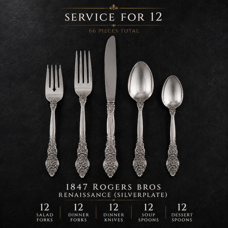 May include: A 66-piece silverplate flatware set by 1847 Rogers Bros in the Renaissance pattern, including service for 12. The set features ornate floral handles on salad forks, dinner forks, dinner knives, soup spoons, and dessert spoons.
