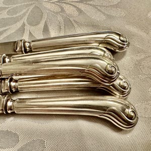 K&ouml;nnte beinhalten: Nahaufnahme eines Sets von Silbermessern. Die Messer haben verzierte, gebogene Griffe mit einem dekorativen Design. Die Klingen sind glatt und gl&auml;nzend. Die Messer sind auf einer gemusterten, hellfarbigen Tischdecke angeordnet.