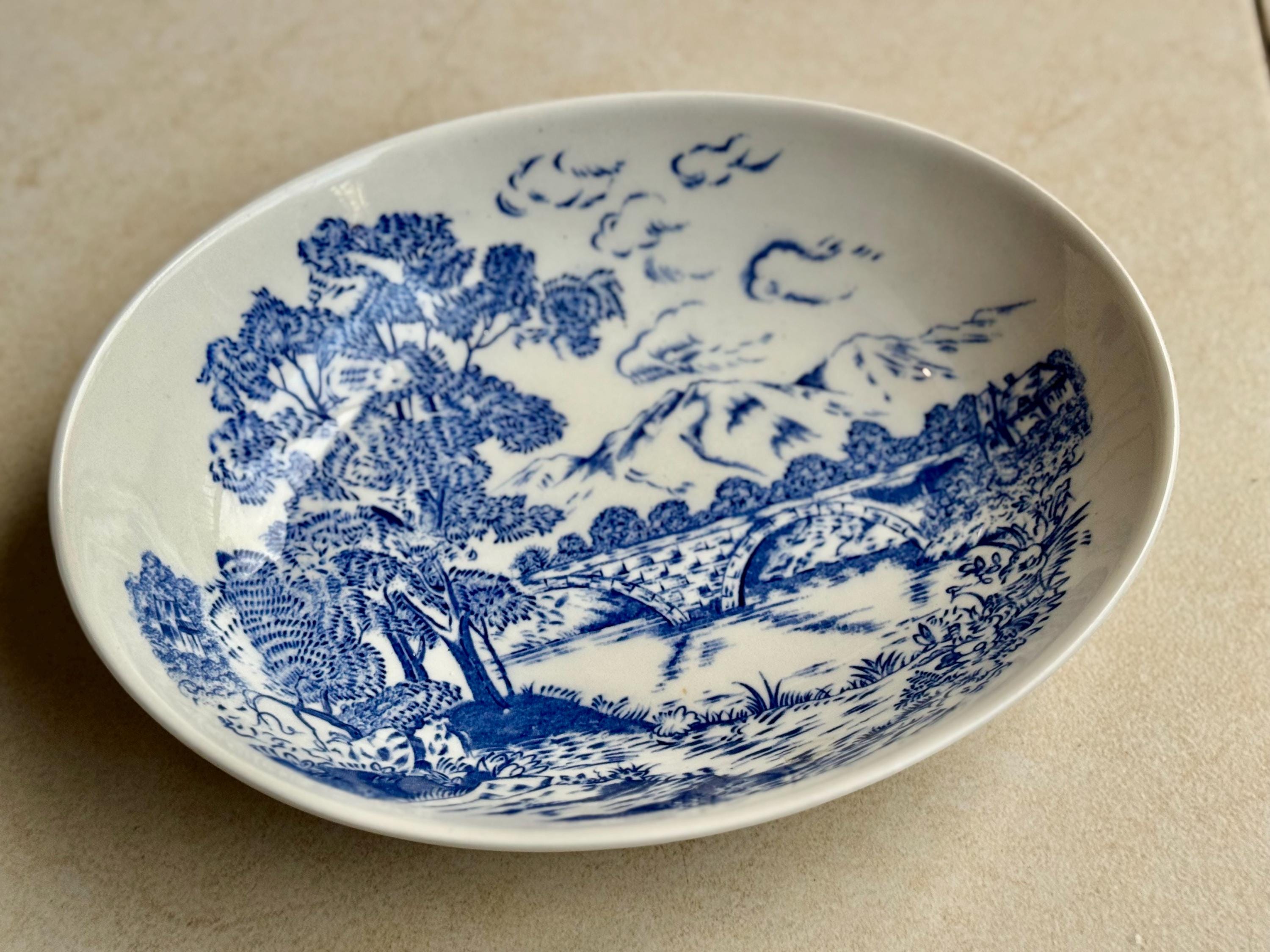 Vintage “English Country Garden” Blue & White Oval Serving Dish – Made in Japan